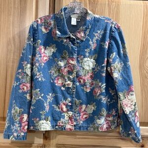 Coldwater Creek Blue Denim Floral Button-Up Jacket